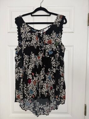LC Lauren Conrad Black Floral Sleeveless Tunic with Multicolor Blooms
